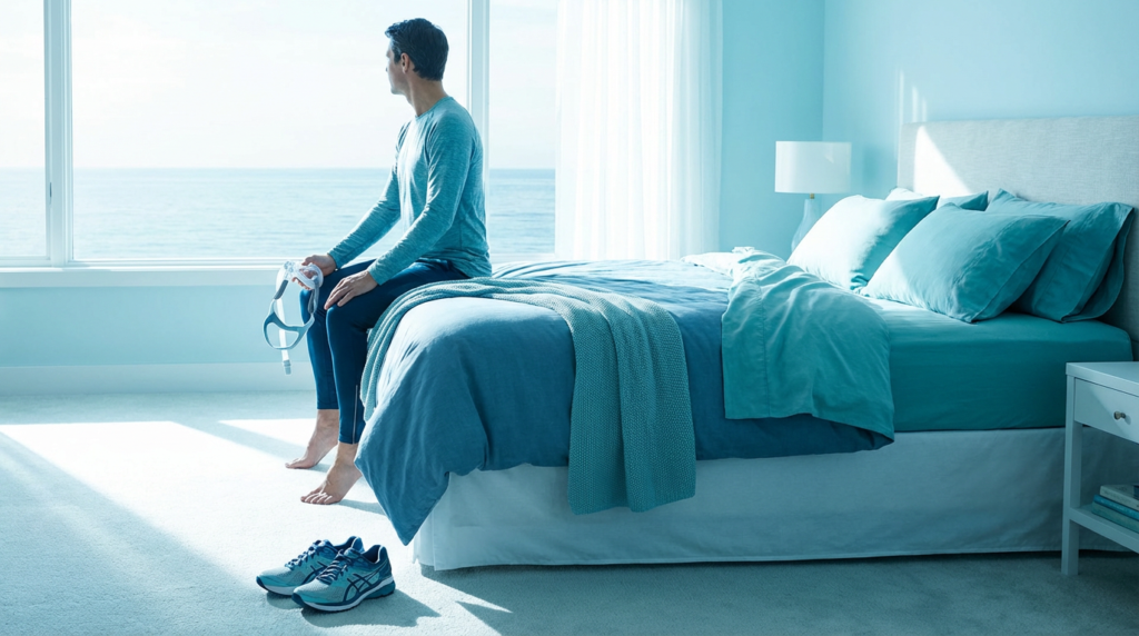 man sits on a bed, looking out a window at the ocean, holding a cpap mask, considering weight loss sleep apnea.
