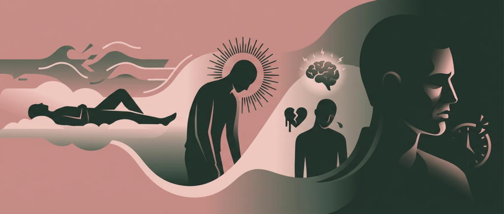 visualizing sleep apnea side effects: a person tossing, turning, and experiencing daytime fatigue, brain fog, and broken heart symbolism.