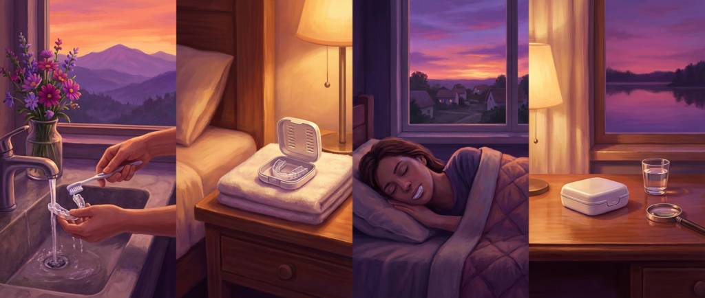 a four-panel image illustrating cpap maintenance tips, showing cleaning a mouthguard, a mouthguard on a bedside table, a person sleeping, and a mouthguard case and water.