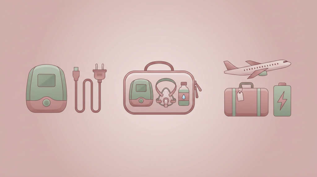 illustrations for travel cpap tips: a cpap machine, a bag with mask, and a plane with luggage and battery.