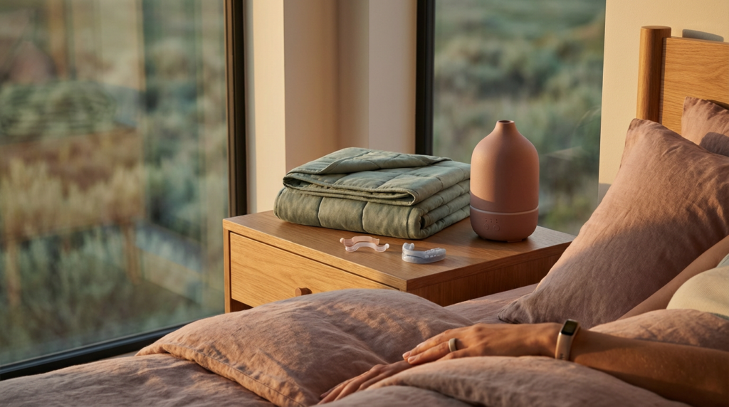 bedroom nightstand with cpap alternatives: a diffuser, weighted blanket, a nasal dilator, and an anti-snoring mouthpiece.