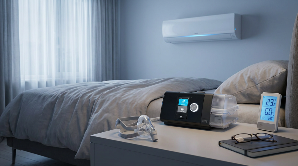 bedroom with a cpap machine, mask, and remote temperature display on a nightstand, and an air conditioning unit above the bed.
