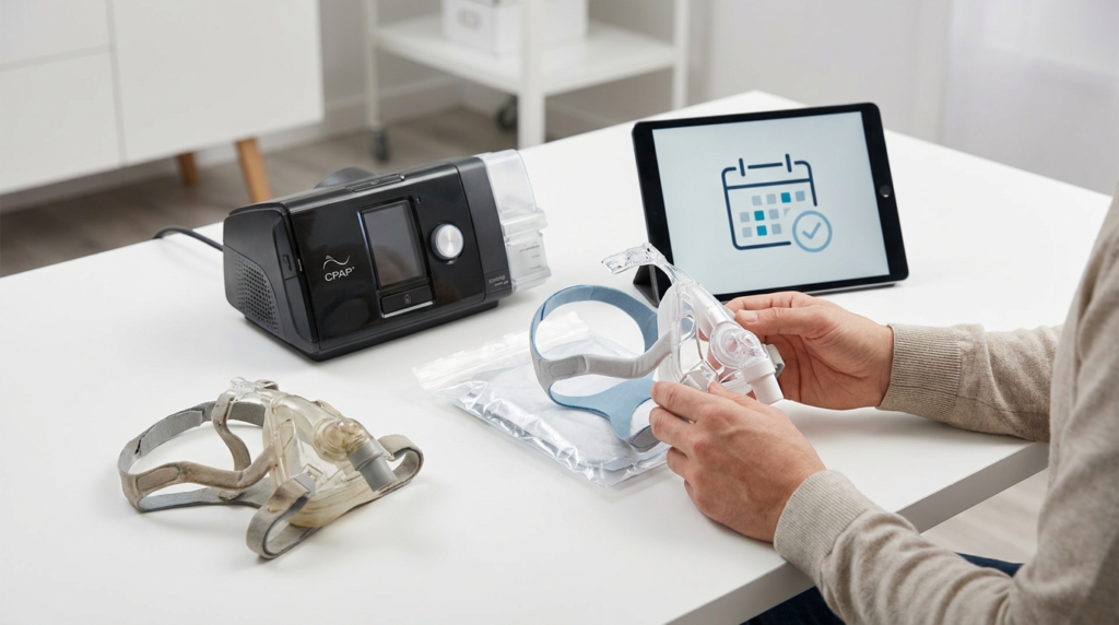 new and old cpap masks with sleep apnea machine and a tablet displaying a cpap replacement schedule.