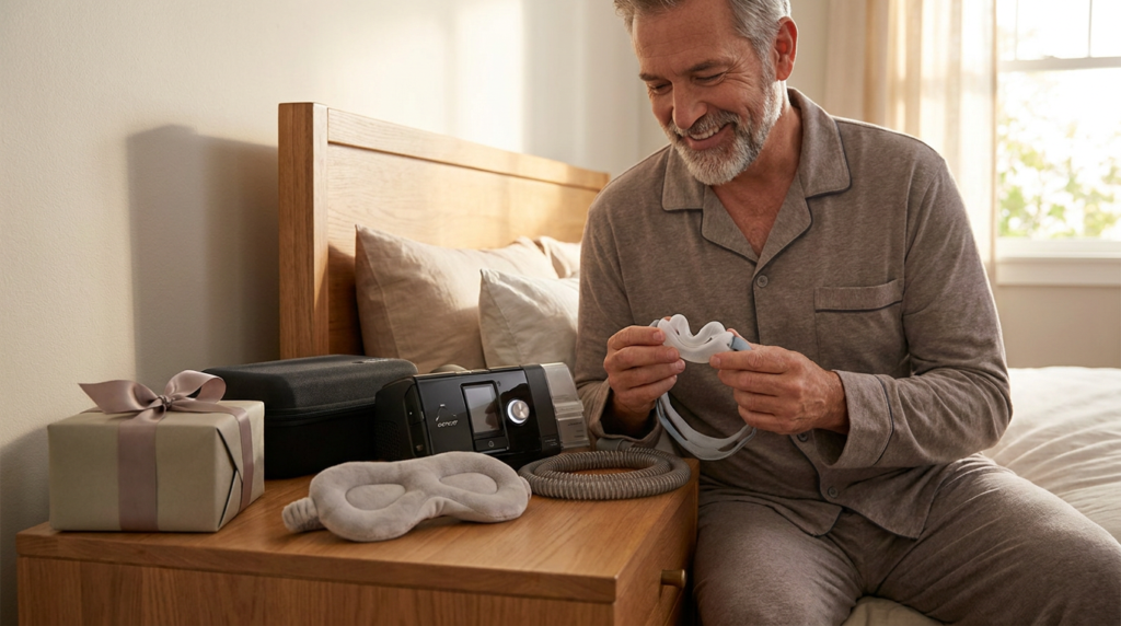 smiling man holding a cpap mask, surrounded by cpap machine, sleep mask, and wrapped gift, ideal father's day cpap gifts.