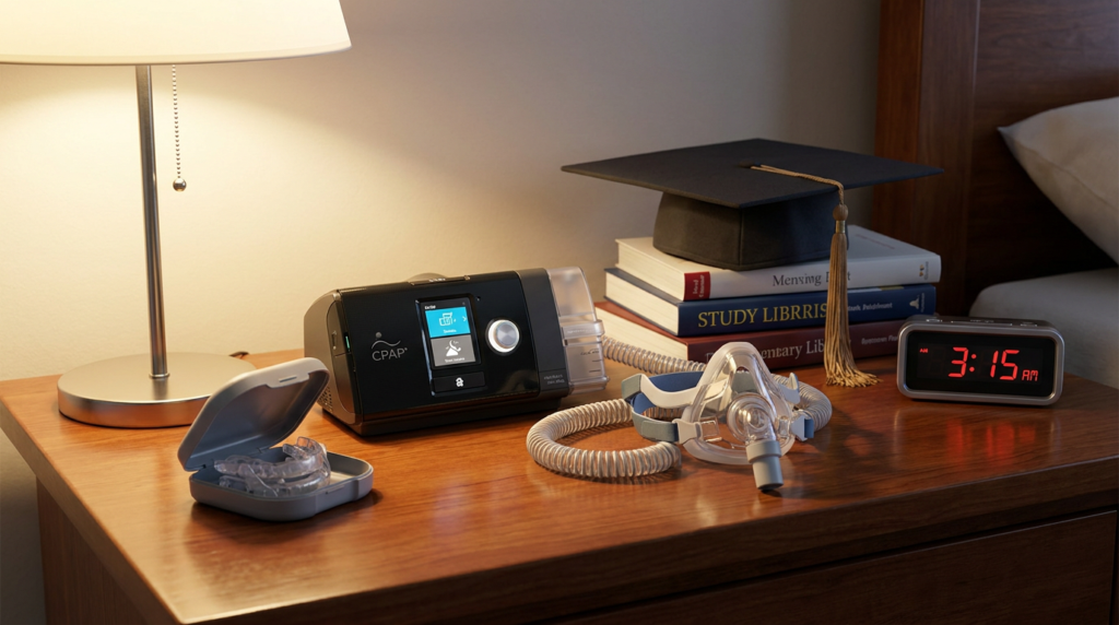bedside table with cpap machine, mask, and alarm clock, symbolizing graduation sleep schedule treatment.
