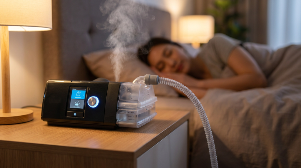 cpap machine with humidifier and visible steam, showcasing cpap humidity settings next to a sleeping woman.