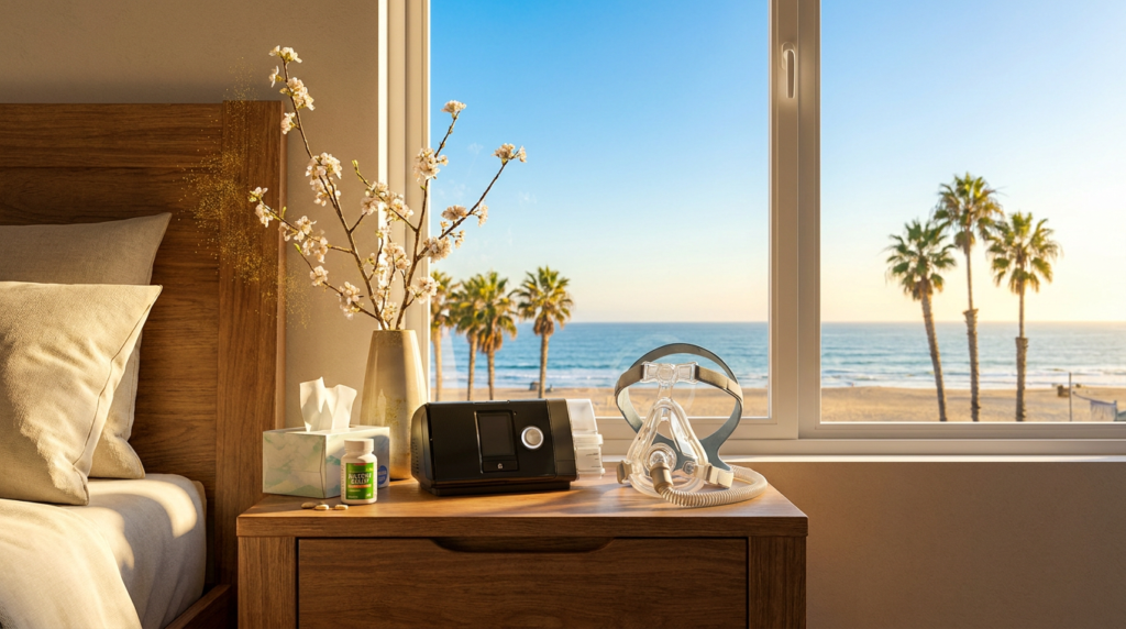 nightstand with cpap machine, tissues, and allergy medication next to a window overlooking palm trees and a beach, illustrating summer allergies, sleep apnea, allergies and sleep apnea, and seasonal allergies sleep.