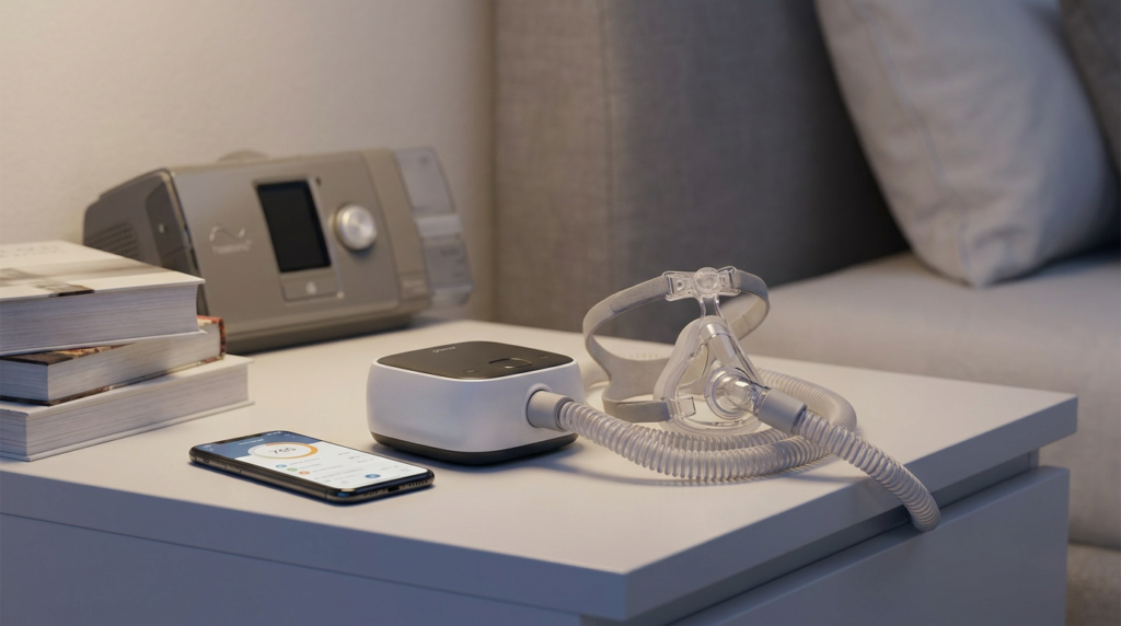 latest sleep apnea technology: cpap device, mask, and smartphone app on a bedside table.