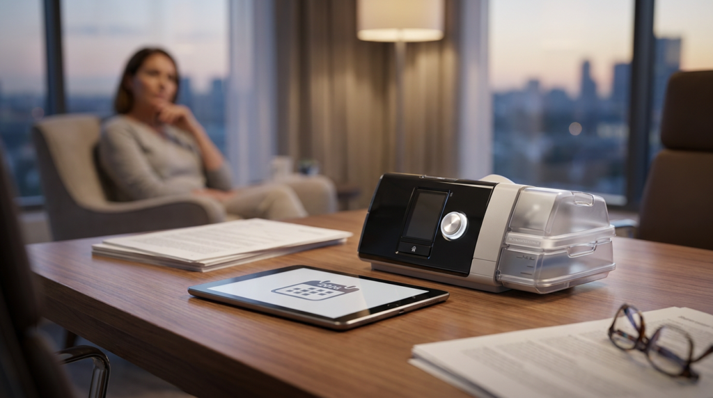 cpap machine, tablet with a "2026" calendar icon suggesting sleep apnea insurance 2026 changes.