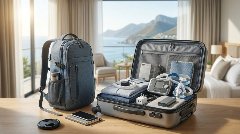 open suitcase with cpap machine, mask, and clothing, alongside a backpack, providing sleep apnea travel tips.