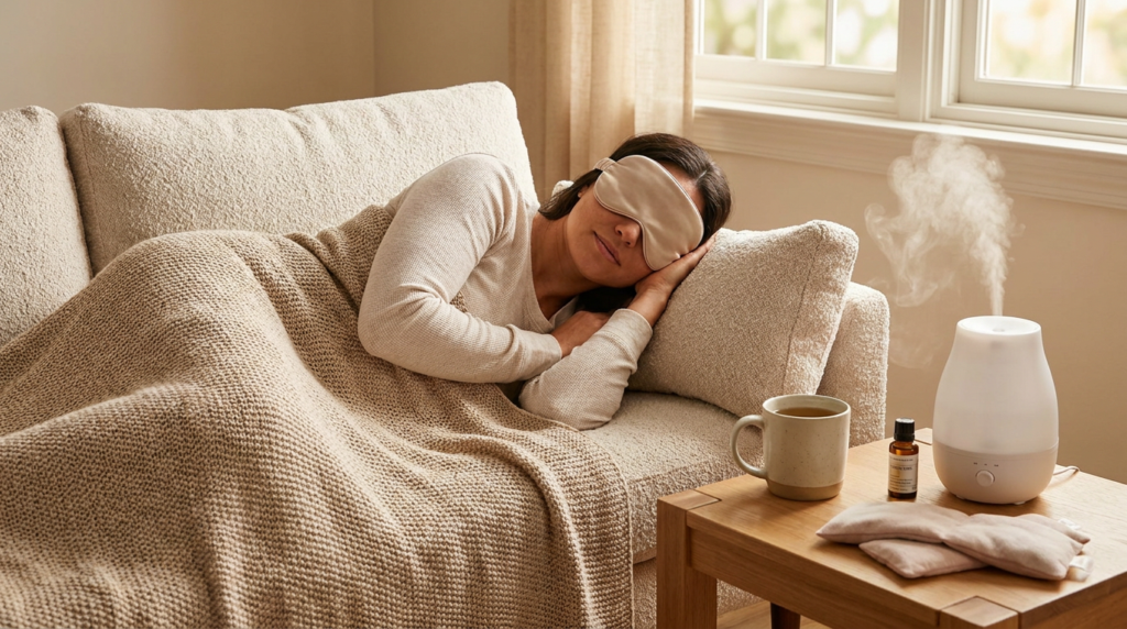 woman sleeping with eye mask, essential oil diffuser, and tea: great mothers day sleep gifts.