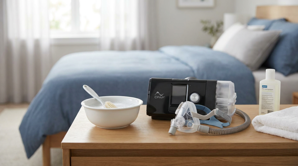 cpap machine and cleaning supplies on a bedside table showing cpap cleaning protocols.