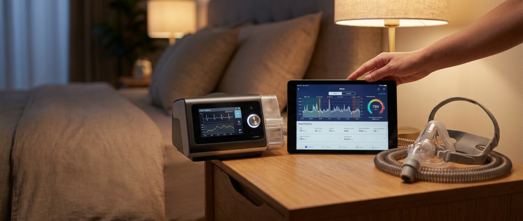 bedroom with sleep apnea monitoring tools: a cpap machine, tablet with sleep data, and nasal mask.