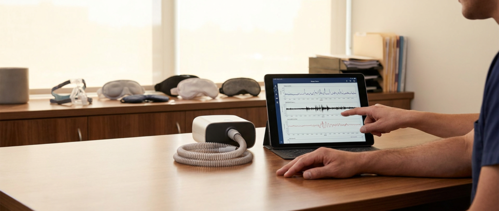 person reviewing sleep study treatment options and data on a tablet next to a cpap machine.