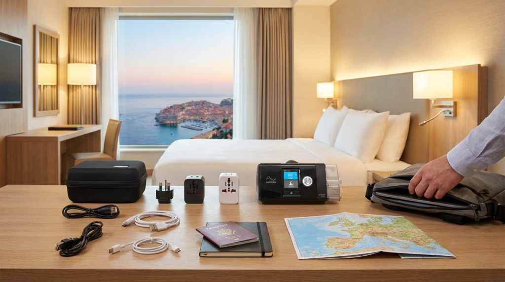 hotel room with cpap machine, adapters, passport, and maps for a sleep apnea travel checklist.