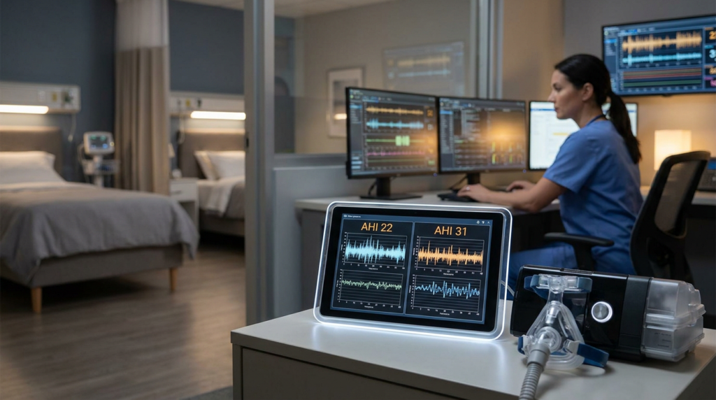 medical professional viewing dual monitors with detailed sleep study results data in a lab.