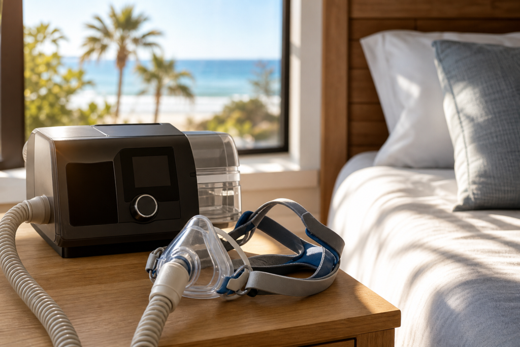 cpap machine and mask on a bedside table with an ocean view, hinting at summer cpap issues.