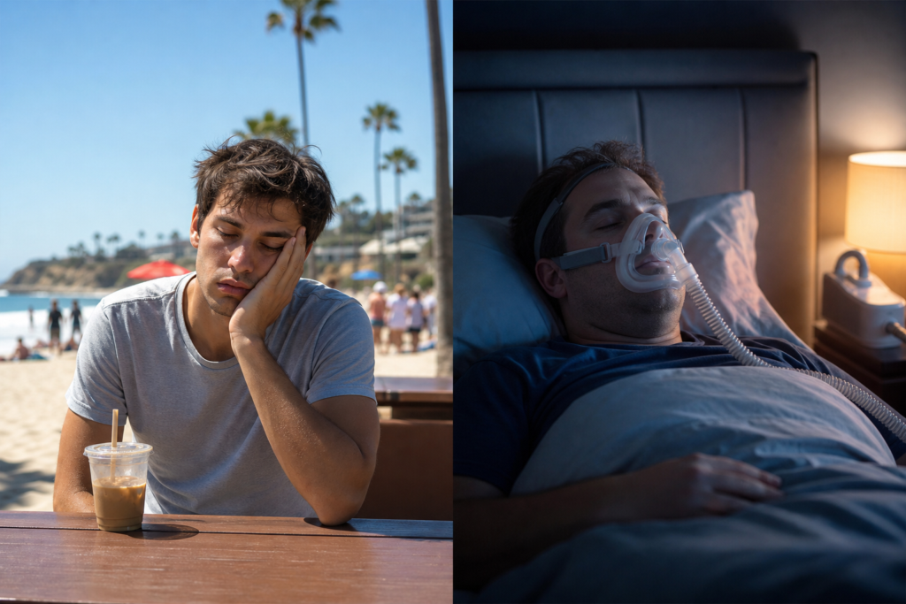 man with cpap machine versus fatigued man at beach, demonstrating sleep apnea vs fatigue.