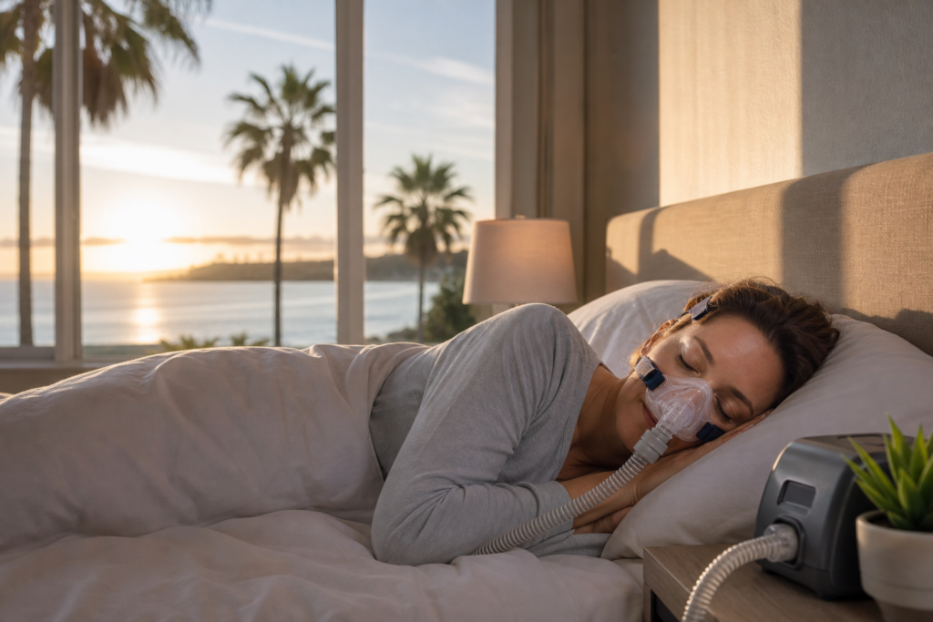 woman sleeping peacefully with a cpap mask for oral appliance summer sleep, ocean view.