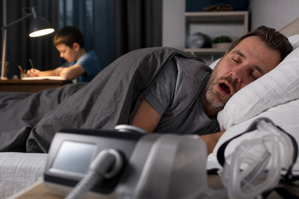 man snoring, with a cpap machine nearby, while his child studies, impacting a stop snoring school schedule.