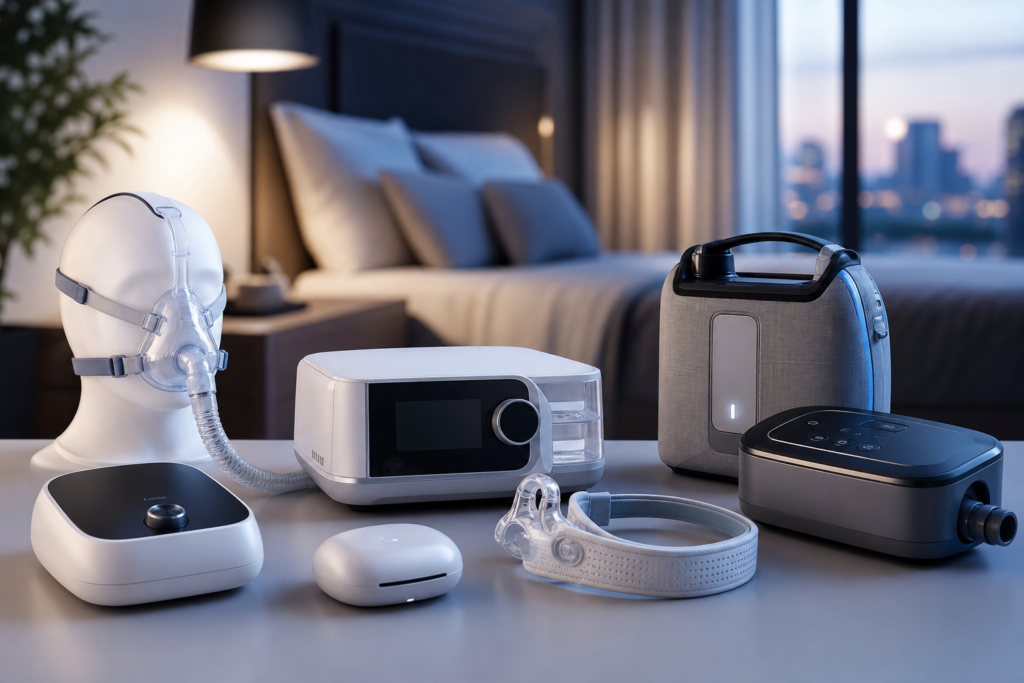 various new sleep apnea devices 2026, including masks, machines, and a wearable, on a table.