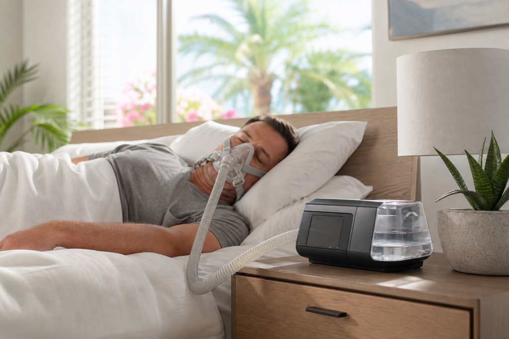 man using cpap humidification for sleep apnea, with cpap humidifier settings in july.