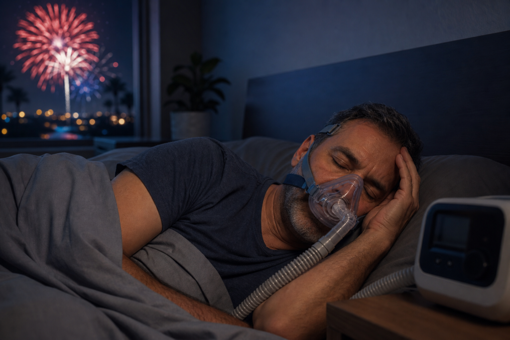 man sleeping with a cpap mask during july 4th sleep apnea, overlooking city fireworks
