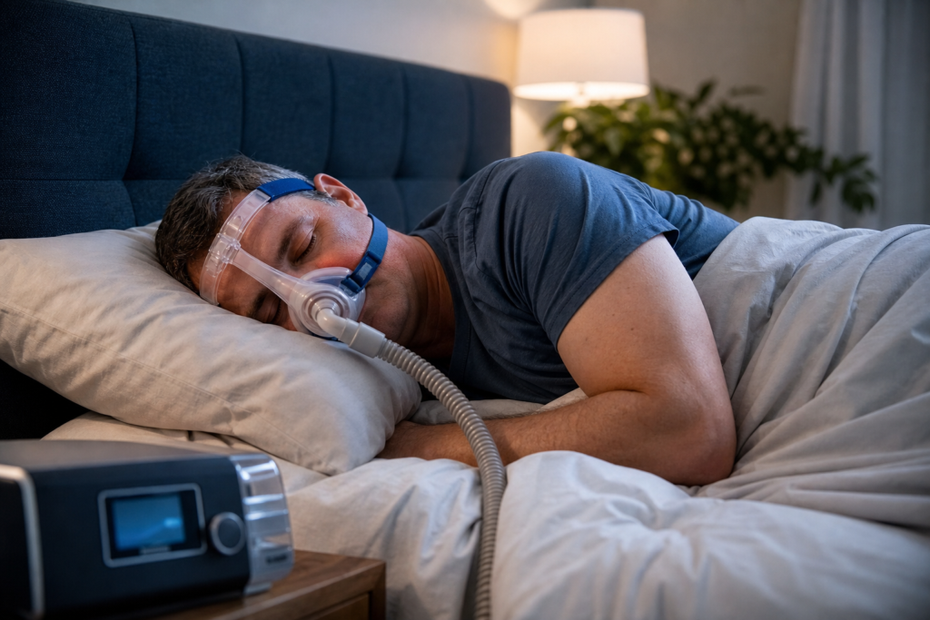 man sleeping on his side in bed wearing a cpap mask for sleep position device effectiveness, cpap machine nearby.