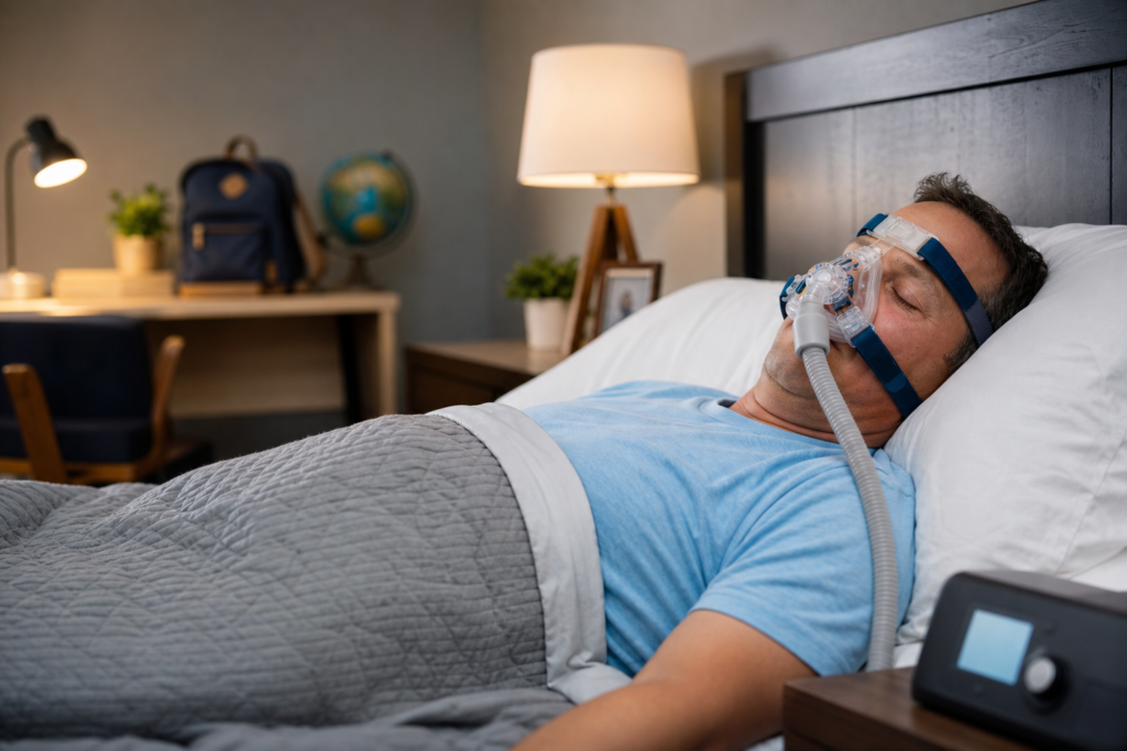 man sleeping with a cpap mask for sleep apnea treatment compliance in a bedroom.