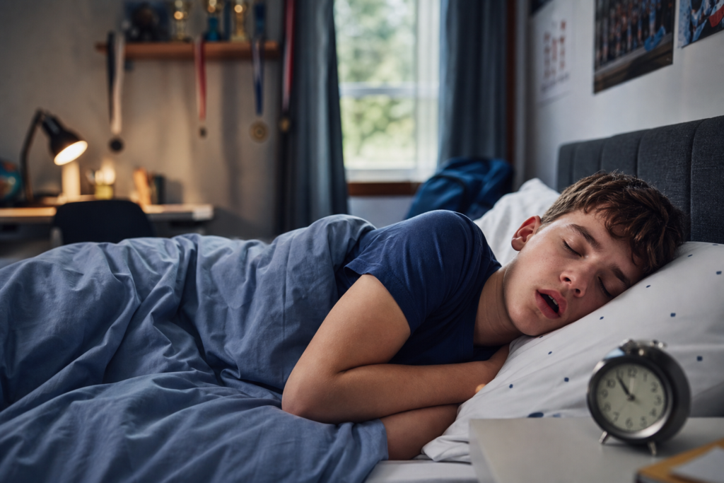 teen boy mouth open sleeping in bed, experiencing back to school sleep disruption snoring beside an alarm clock.