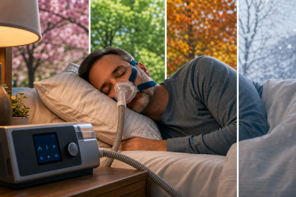 man sleeping peacefully with a cpap mask and machine, displaying cpap pressure settings across four seasons.