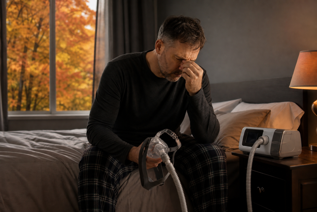 man rubs his tired eyes on a bed, holding a cpap mask, displaying sleep apnea fall symptoms with autumn trees outside.