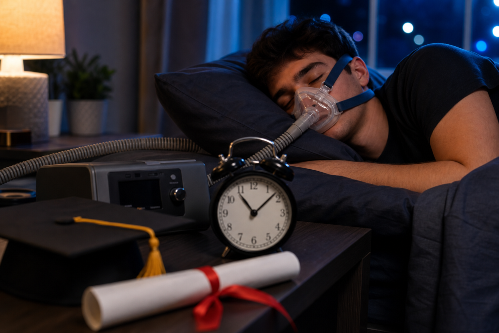 man with cpap mask sleeping next to alarm clock and diploma, highlighting medication timing sleep schedule.