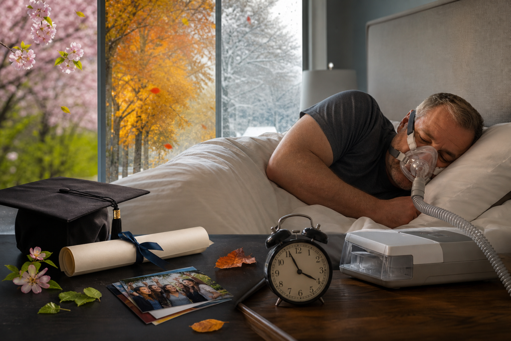 man sleeping with cpap mask in bed, next to a window showing changing seasons, suggesting seasonal stress sleep apnea.