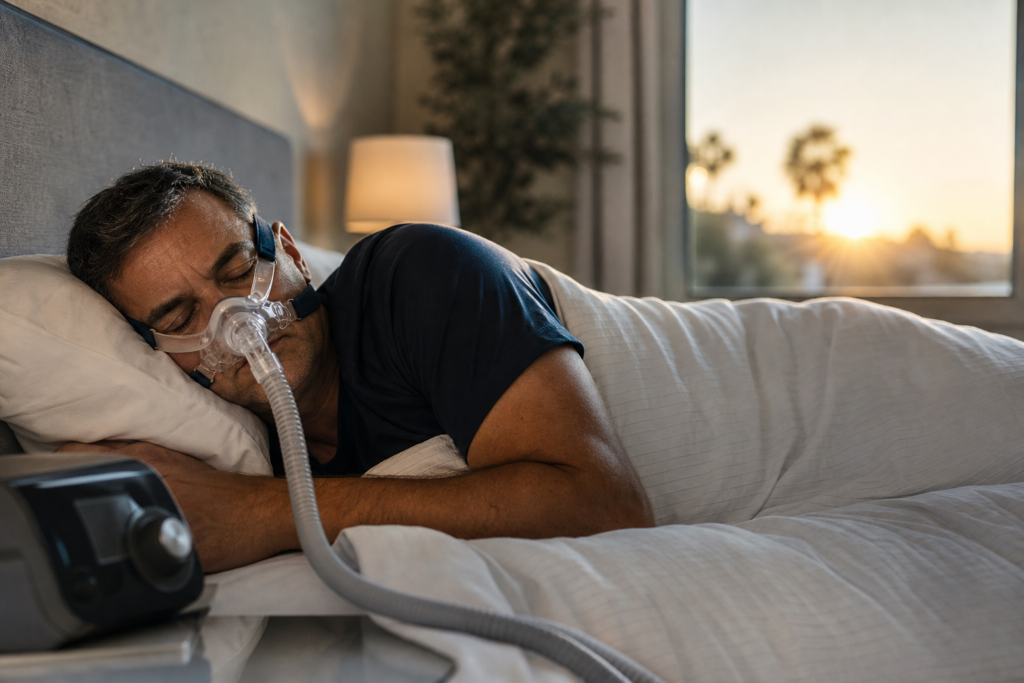 man sleeping with cpap mask and machine for effective dst sleep apnea management.