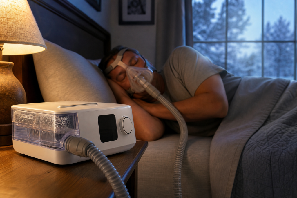 man sleeping with cpap and humidifier on nightstand for ideal humidifier settings winter.