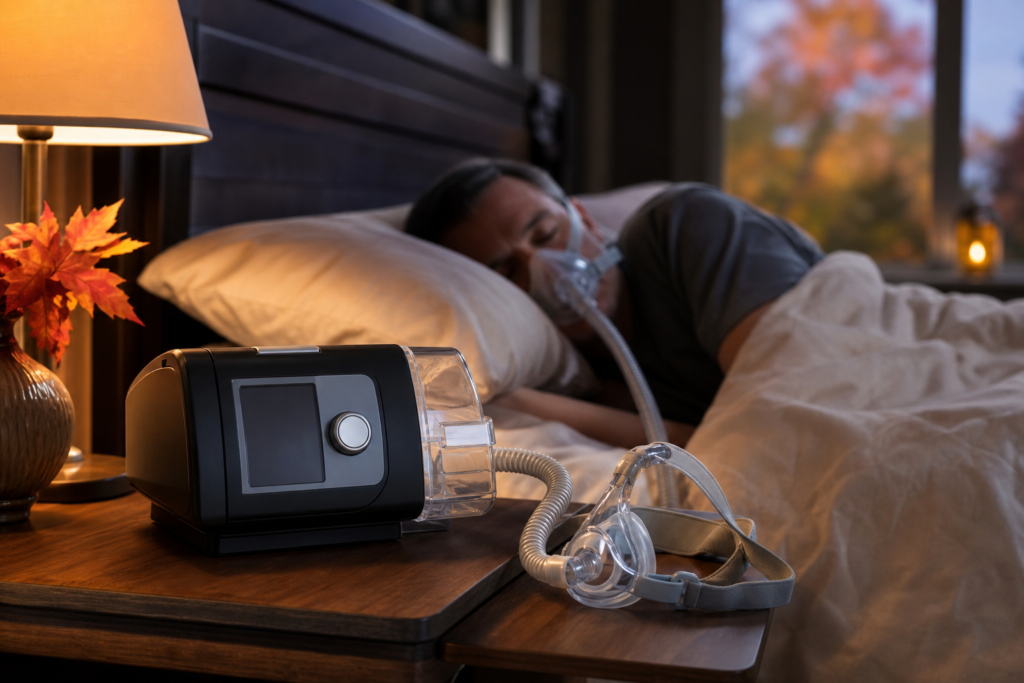 man sleeping with cpap mask and machine beside fall decor, highlighting cpap compliance fall schedule.
